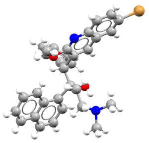 Ball and stick representation of the Bedaquiline molecule, refocde KIDWAW