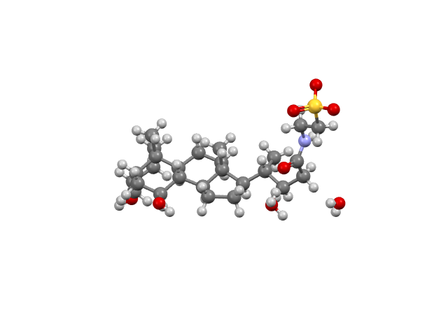 Molecular structure of Relyvrio or taurursodiol a novel small molecule drug approved by the FDA in 2022, structure from the Cambridge Structural Database refcode DIWQIJ01