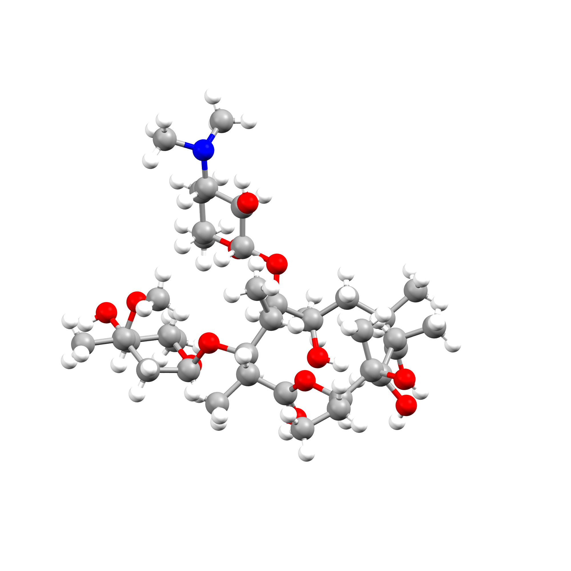 Ball and Stick depiction of Erythromycin, refcode QIFKEX