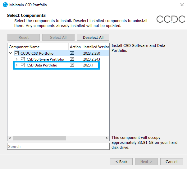 Screenshot of the components selection window 