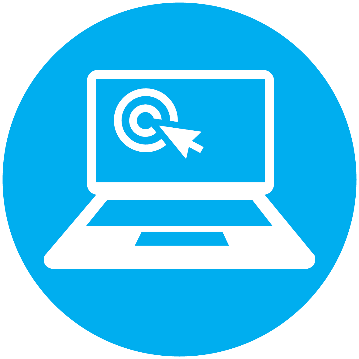 An icon of a laptop with the mouse clicking on a target symbol on the screen.