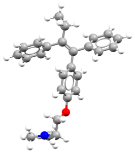 Ball and stick representation of the Tamoxifen molecule, refocde TTAMOX01