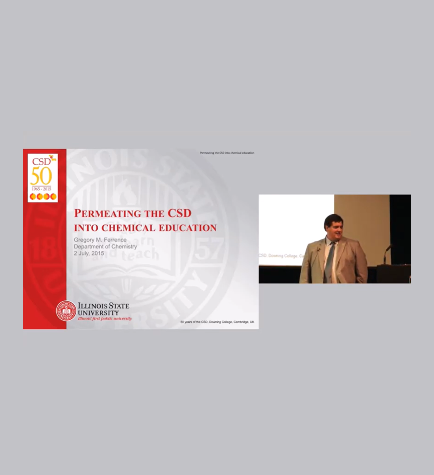 Example of a video presentation with a speaker shown on a screen next to the title screen of the presentation.