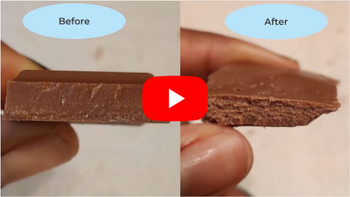 "What makes chocolate snap" video thumbnail with red play button.