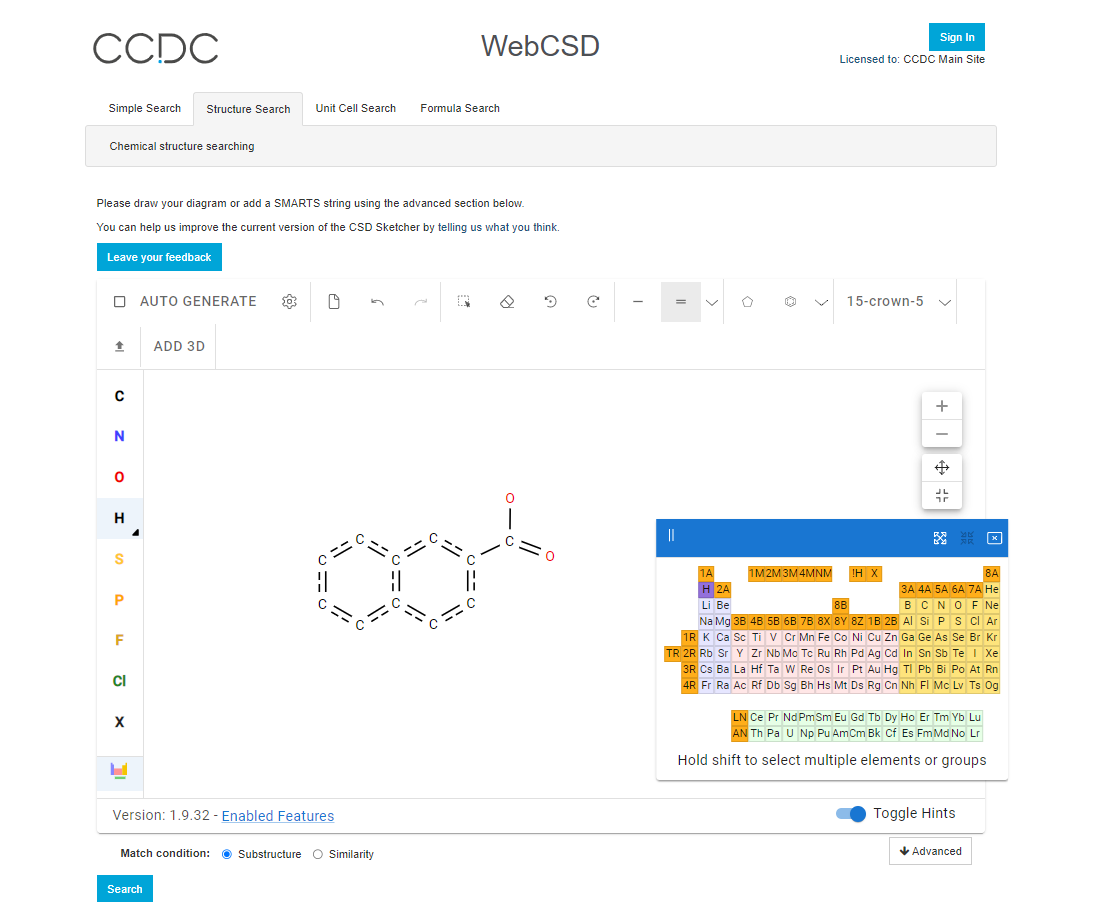 WebCSD CSD Sketcher search molecular structures by drawing