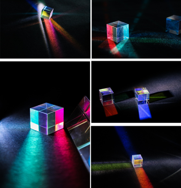 Photographs taken by students showcasing different light patterns through dichroic cubes and prisms