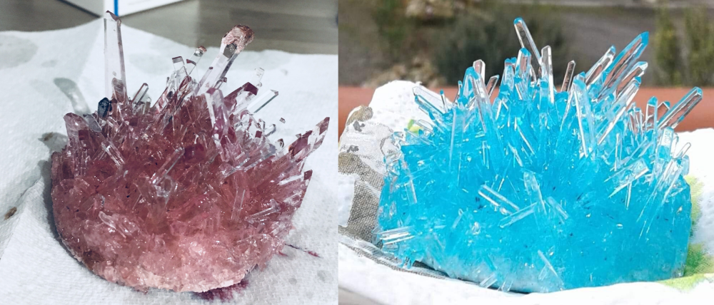 Pink and blue coloured alum crystals