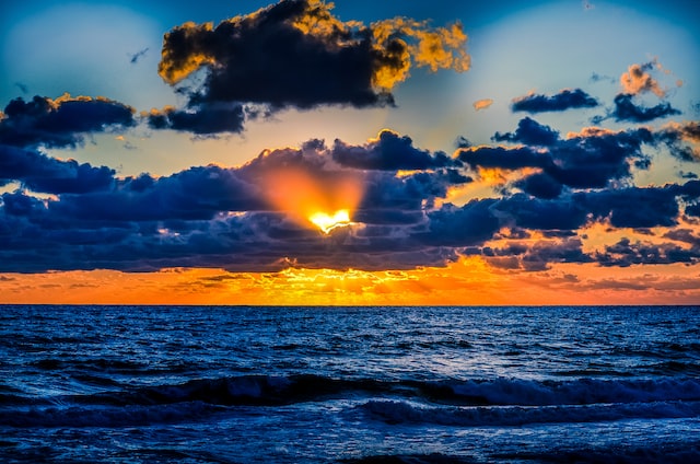 Scene of an ocean at sunset.