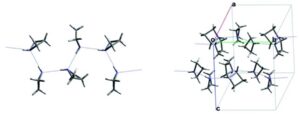 Molecule XI from the third CSP Blind Test - Azetidine. With several possible arrangements for hydrogen bonding, the crystal structure is built up from chains containing two azetidine molecules in the asymmetric unit.