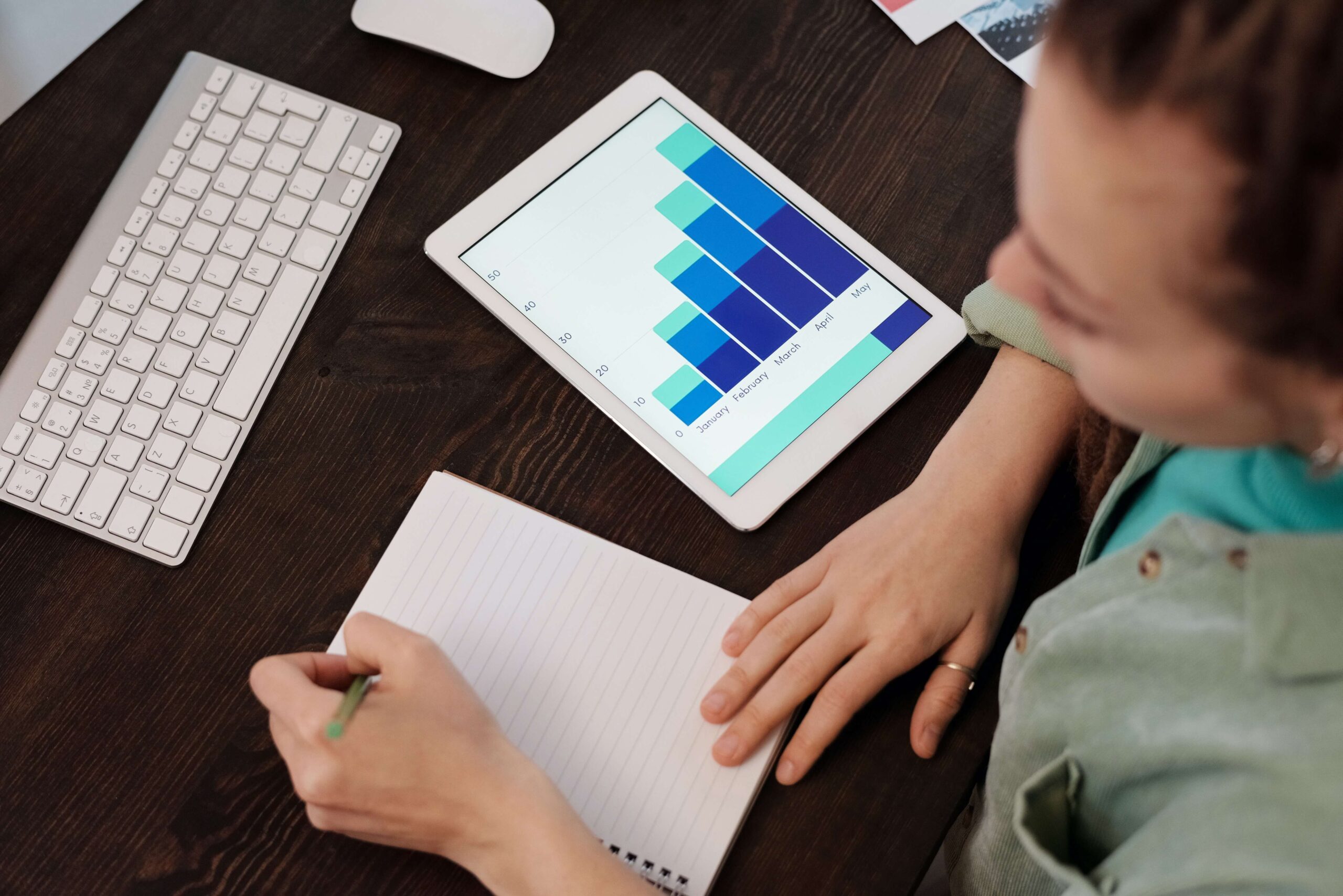 Woman writing on a notebook with an iPad next to her displaying a bar graph.