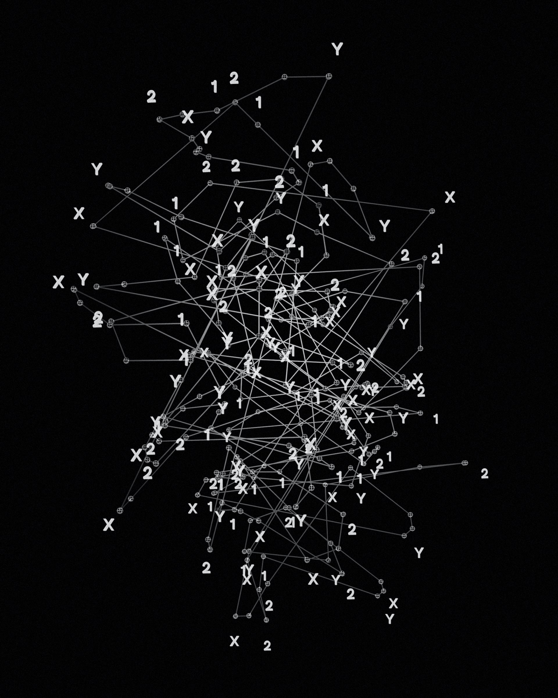 A network connecting nodes labelled with 1s, 2s X's and Y's.